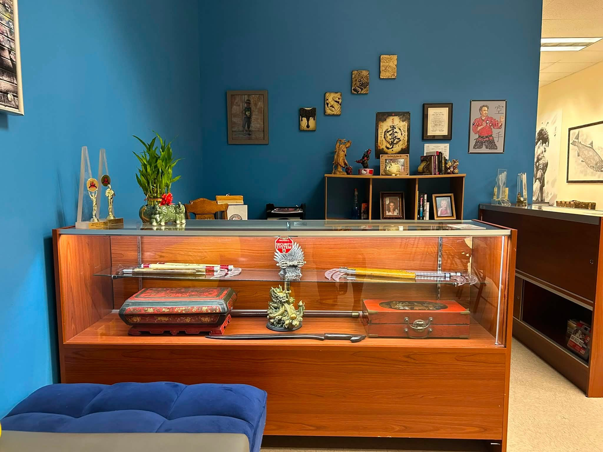 East Valley TEK display case with Martial Arts weapons and awards