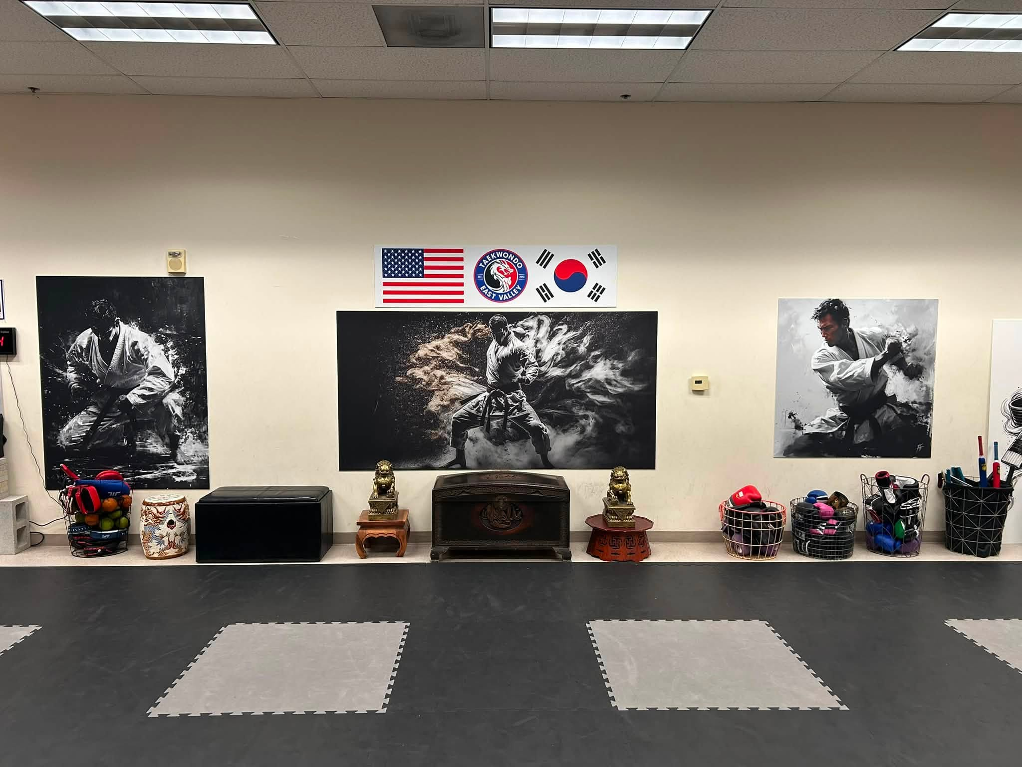 Training wall with Martial Arts artwork and equipment
